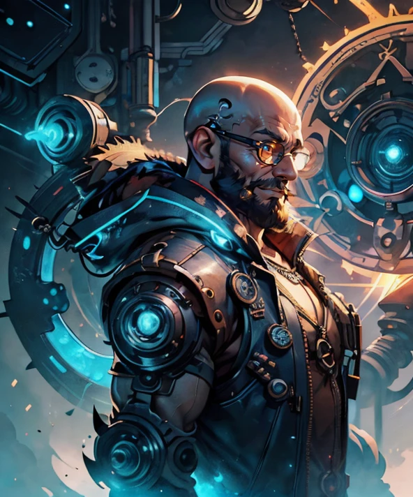 a boy, <lora:sharpen-soften:0.25> <lyco:GoodHands-beta2:0.25> <lora:StarDust:0.5> <lora:novel_bright:0.25> <lora:stylesqueeze_v2:0.1> <lora:hadestyle_v2:0.4> (style-rustmagic:0.8), (steampunk cyborg:0.8), portrait, looking up, solo, upper body, detailed background, (<lora:GlyphTech:0.5>, scifi, magic circle, glyphtech theme:1.1) crazed smile, bright clouds tinkerer, floating gears, gray worn leather vest with gears, techwear, hood, medieval glasses, contraption, icy tundra in background, gears, steam, industry, engineering, sparking machinery, , lead pipes, , cluttered workbench, intense atmosphere, , (Cel shaded art :1.3), 2D, flat color, toon shading, cel shaded style, (caustics:1.3), Cypriot, full back view, face and shoulders portrait, Looking at something, in mid-forties, striking facial expression, bald head, Bandholz beard