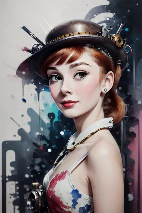 half view, painting of redhead 16 yo smiling audrey hepburn, (hat:1.1), (steampunk:1.1), <lora:StarDust:0.95>