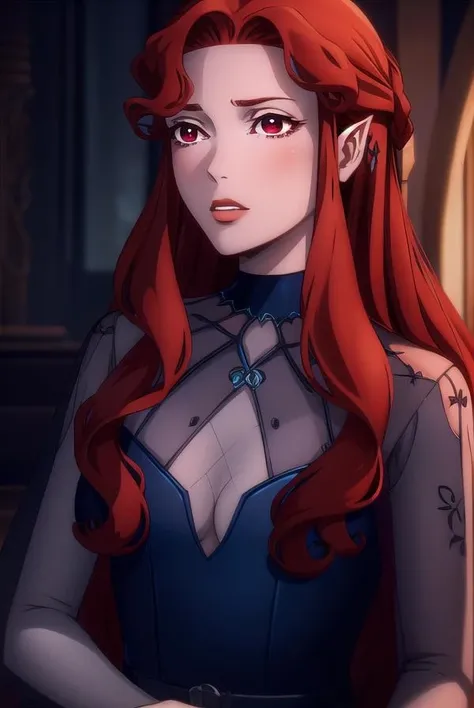 lenore, <lora:lenore-lora-nochekaiser:1>,
lenore, long hair, brown hair, braid, makeup, lipstick, red lips, (red eyes:1.5), pointy ears, vampire,
BREAK dress, jewelry, earrings, belt, see-through, blue dress,
BREAK looking at viewer, full body,
BREAK indoors, bed,
BREAK <lyco:GoodHands-beta2:1>, (masterpiece:1.2), best quality, high resolution, unity 8k wallpaper, (illustration:0.8), (beautiful detailed eyes:1.6), extremely detailed face, perfect lighting, extremely detailed CG, (perfect hands, perfect anatomy),