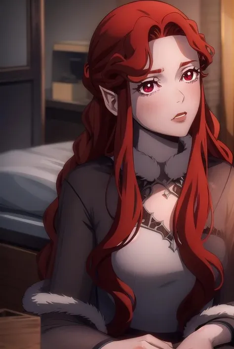 lenore, <lora:lenore-lora-nochekaiser:1>,
lenore, long hair, brown hair, braid, makeup, lipstick, red lips, (red eyes:1.5), pointy ears, vampire,
BREAK dress, fur trim,
BREAK looking at viewer, full body,
BREAK indoors, bed,
BREAK <lyco:GoodHands-beta2:1>, (masterpiece:1.2), best quality, high resolution, unity 8k wallpaper, (illustration:0.8), (beautiful detailed eyes:1.6), extremely detailed face, perfect lighting, extremely detailed CG, (perfect hands, perfect anatomy),