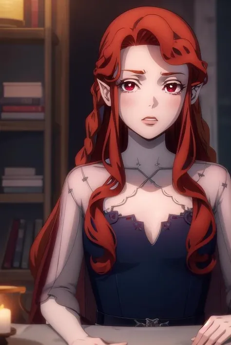 lenore, <lora:lenore-lora-nochekaiser:1>,
lenore, long hair, brown hair, braid, makeup, lipstick, red lips, (red eyes:1.5), pointy ears, vampire,
BREAK dress, jewelry, earrings, belt, see-through, blue dress,
BREAK looking at viewer, full body,
BREAK indoors, bed,
BREAK <lyco:GoodHands-beta2:1>, (masterpiece:1.2), best quality, high resolution, unity 8k wallpaper, (illustration:0.8), (beautiful detailed eyes:1.6), extremely detailed face, perfect lighting, extremely detailed CG, (perfect hands, perfect anatomy),