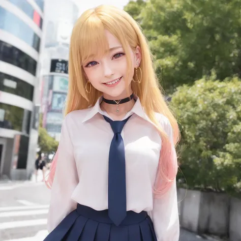 (masterpiece:1.1), (best quality:1.0), (ultra highres:1.0), (8k resolution:1.2), (realistic:1.0), (ultra detailed), (sharp focus), (RAW photo:1.1), (lighting:1:1), Shibuya_\(Japan\), outdoor, blush,
marin_\(My Dress-Up Darling\), 1girl, bangs, blonde_hair, cowboy_shot, ear_piercing, earrings, eyebrows_visible_through_hair, grin, head_tilt, jewelry, long_hair, looking_at_viewer, solo,
white_shirt,
blue_pleated_skirt:1.1,
black_choker, choker,
blue_necktie:1.1,
smile, solo, teeth,
school_uniform,
(Blonde to pink gradient long hair:1.3), small_breasts, sex smile, (ear piercing:1:1), earrings, nail_art, nail_polish,
<lora:Marin_v1.3.3:0.75>