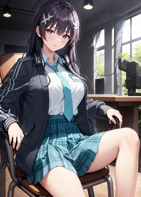 jin bora, 1girl, solo, bangs, black hair, purple eyes, long hair, very long hair, hair ornament,
shirt, shirt tucked in, skirt, school uniform, pleated skirt, necktie, jacket, open jacket, collared shirt, open clothes,
sitting, chair, on chair, indoors, stage,
<lora:jinbora_divine_elegance:0.65>