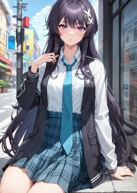 jin bora, 1girl, solo, bangs, black hair, purple eyes, long hair, very long hair, hair ornament, 
shirt, shirt tucked in, skirt, school uniform, pleated skirt, necktie, jacket, open jacket, collared shirt, 
sitting, outdoors, shop, storefront, 
 <lora:jinbora_divine_elegance:0.65>