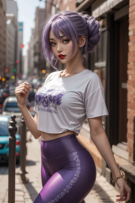 best quality, (1girl, Lavender hair, updo, red lips), (wearing leggings and a tshirt), in a city <lora:hairdetailer:.5> <lora:add_detail:0.5> <lora:boldline:0.2>