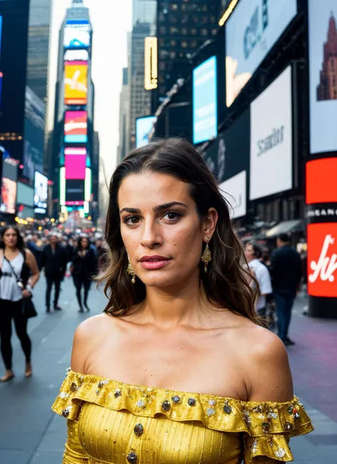 A stunning intricate full color portrait of (sks woman:1) in New York City, in Times Square, wearing Off-the-shoulder dress, epic character composition, sharp focus, natural lighting, subsurface scattering, f2, 35mm, film grain, , by Gregory Crewdson, <lora:locon_leamichele_v1_from_v1_64_32:1>