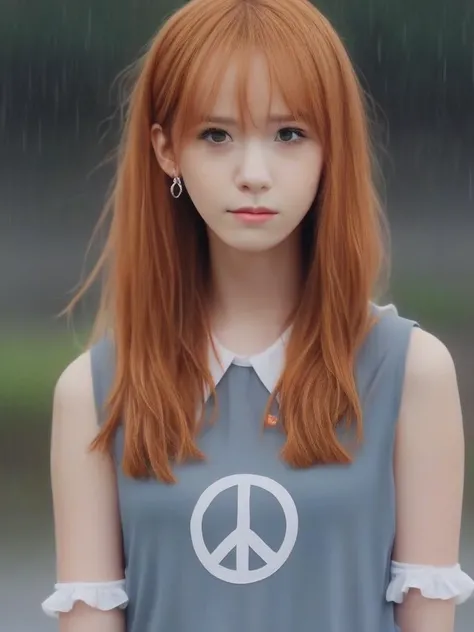 rain, in the rain, sea, girl, orange hair, streaked hair, eyeball, stare, detached_sleeves, sleeveless shirt, tank_top, frilled socks, no socks, hair_bow, peace symbol , <lora:sl_lye:1>