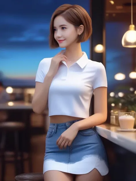 masterpiece, best quality, wall paper, (8k, best quality, masterpiece:1.2), (realistic, photo-realistic:1.37), ultra-detailed, 1 girl,cute, solo,beautiful detailed sky,detailed cafe,night,sitting,dating,(nose blush),(smile:1.15),(grin) small breasts,(fantasy breasts), cleavage, beautiful detailed eyes,(collared shirt:1.1), night, wet, rain, (short hair:1.2),floating hair NovaFrogStyle, cyber, future, fitness, white mini skirt, t-shirt<lora:sl_lye:0.9>