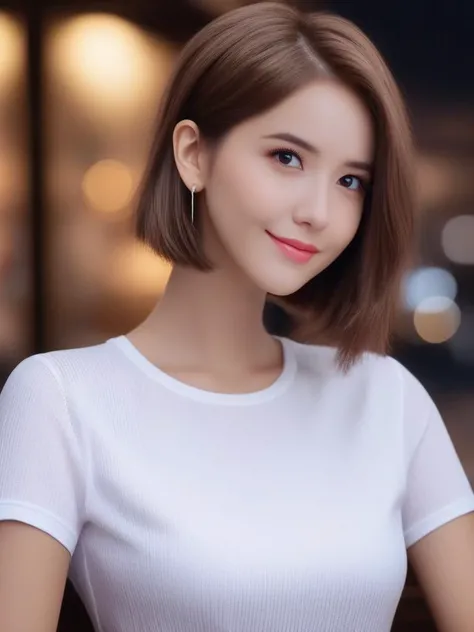 masterpiece, best quality, wall paper, (8k, best quality, masterpiece:1.2), (realistic, photo-realistic:1.37), ultra-detailed, 1 girl,cute, solo,beautiful detailed sky,detailed cafe,night,sitting,dating,(nose blush),(smile:1.15),(grin) small breasts,(fantasy breasts), cleavage, beautiful detailed eyes,(collared shirt:1.1), night, wet, rain, (short hair:1.2),floating hair NovaFrogStyle, cyber, future, fitness, white mini skirt, t-shirt<lora:sl_lye:0.9>