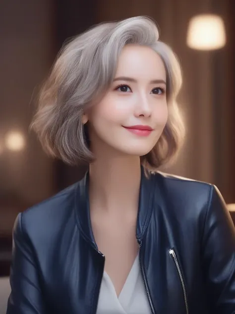 masterpiece, best quality, wall paper,(8k, best quality, masterpiece:1.2), (realistic, photo-realistic:1.37), ultra-detailed, soft light, 1 girl, cute, solo, beautiful detailed sky, detailed bedroom, open window, night, sitting, dating, (nose blush), (smile:1.15), (closed mouth) , beautiful detailed eyes, rain, (short hair:1.5),(leather jacket:0.8), floating hair NovaFrogStyle, claevage, relaxing pose, silver hair, squinted eye, thin eyebrow, mature face, full shot body,  <lora:sl_lye:0.9>