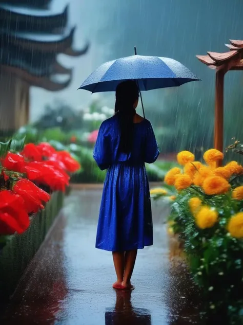 masterpiece, best quality,rain, in the rain, 1girl, flower, garden, <lora:sl_lye:0.8>