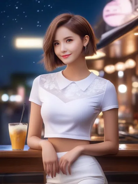 masterpiece, best quality, wall paper, (8k, best quality, masterpiece:1.2), (realistic, photo-realistic:1.37), ultra-detailed, 1 girl,cute, solo,beautiful detailed sky,detailed cafe,night,sitting,dating,(nose blush),(smile:1.15),(grin) small breasts,(fantasy breasts), cleavage, beautiful detailed eyes,(collared shirt:1.1), night, wet, rain, (short hair:1.2),floating hair NovaFrogStyle, cyber, future, fitness, white mini skirt, t-shirt<lora:sl_lye:0.9>