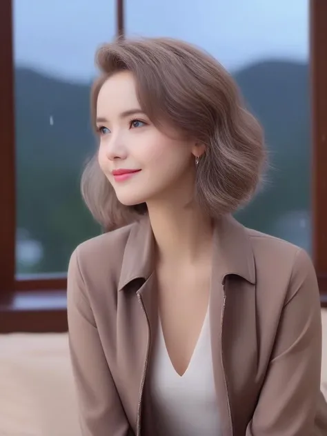 masterpiece, best quality, wall paper,(8k, best quality, masterpiece:1.2), (realistic, photo-realistic:1.37), ultra-detailed, soft light, 1 girl, cute, solo, beautiful detailed sky, detailed bedroom, open window, night, sitting, dating, (nose blush), (smile:1.15), (closed mouth) , beautiful detailed eyes, rain, (short hair:1.5),(leather jacket:0.8), floating hair NovaFrogStyle, claevage, relaxing pose, silver hair, squinted eye, thin eyebrow, mature face, full shot body,  <lora:sl_lye:0.9>