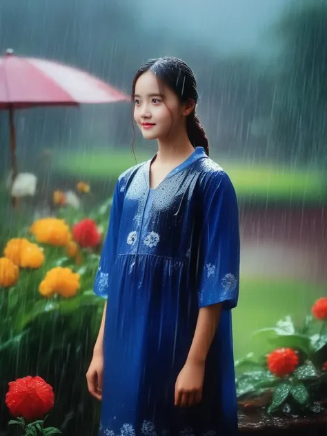 masterpiece, best quality,rain, in the rain, 1girl, flower, garden, looking at viewer, <lora:sl_lye:0.9>