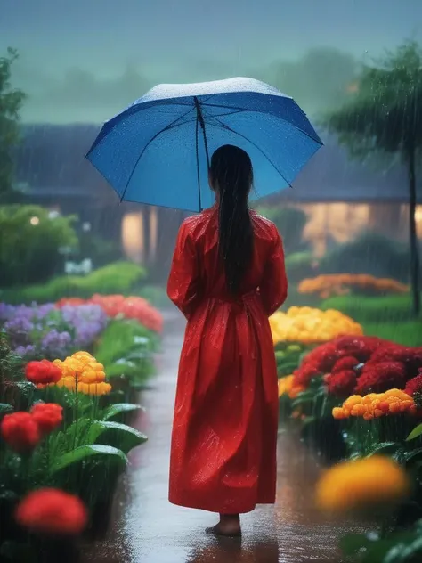 masterpiece, best quality,rain, in the rain, 1girl,  flower, garden, <lora:sl_lye:0.8>