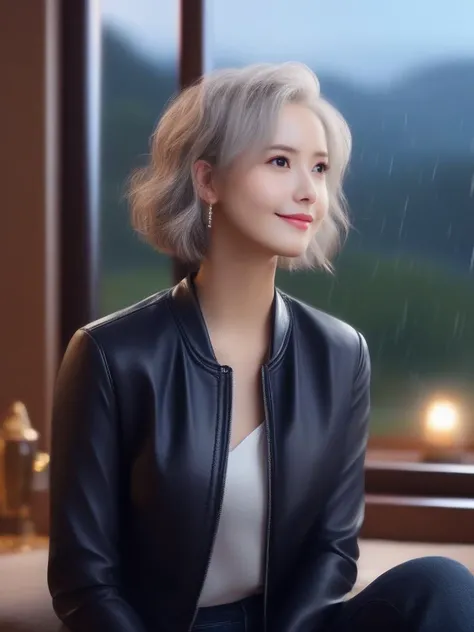 masterpiece, best quality, wall paper,(8k, best quality, masterpiece:1.2), (realistic, photo-realistic:1.37), ultra-detailed, soft light, 1 girl, cute, solo, beautiful detailed sky, detailed bedroom, open window, night, sitting, dating, (nose blush), (smile:1.15), (closed mouth) , beautiful detailed eyes, rain, (short hair:1.5),(leather jacket:0.8), floating hair NovaFrogStyle, claevage, relaxing pose, silver hair, squinted eye, thin eyebrow, mature face, full shot body, <lora:sl_lye:0.9>