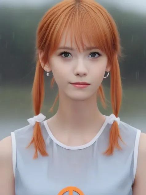 rain, in the rain, sea, girl, orange hair, streaked hair, eyeball, stare, detached_sleeves, sleeveless shirt, tank_top, frilled socks, no socks, hair_bow, peace symbol , <lora:sl_lye:1>