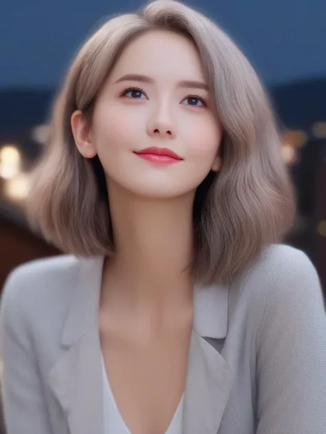 masterpiece, best quality, wall paper,(8k, best quality, masterpiece:1.2), (realistic, photo-realistic:1.37), ultra-detailed, soft light, 1 girl, cute, solo, beautiful detailed sky, detailed bedroom, open window, night, sitting, dating, (nose blush), (smile:1.15), (closed mouth) , beautiful detailed eyes, rain, (short hair:1.5),(leather jacket:0.8), floating hair NovaFrogStyle, claevage, relaxing pose, silver hair, squinted eye, thin eyebrow, mature face, full shot body, <lora:sl_lye:0.9>