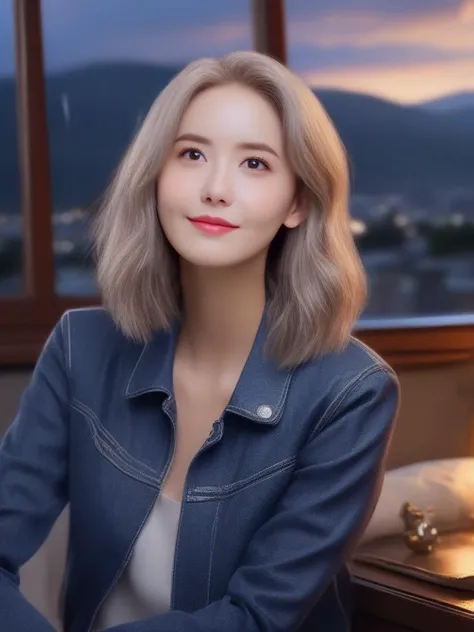 masterpiece, best quality, wall paper,(8k, best quality, masterpiece:1.2), (realistic, photo-realistic:1.37), ultra-detailed, soft light, 1 girl, cute, solo, beautiful detailed sky, detailed bedroom, open window, night, sitting, dating, (nose blush), (smile:1.15), (closed mouth) , beautiful detailed eyes, rain, (short hair:1.5),(leather jacket:0.8), floating hair NovaFrogStyle, claevage, relaxing pose, silver hair, squinted eye, thin eyebrow, mature face, full shot body,  <lora:sl_lye:0.9>