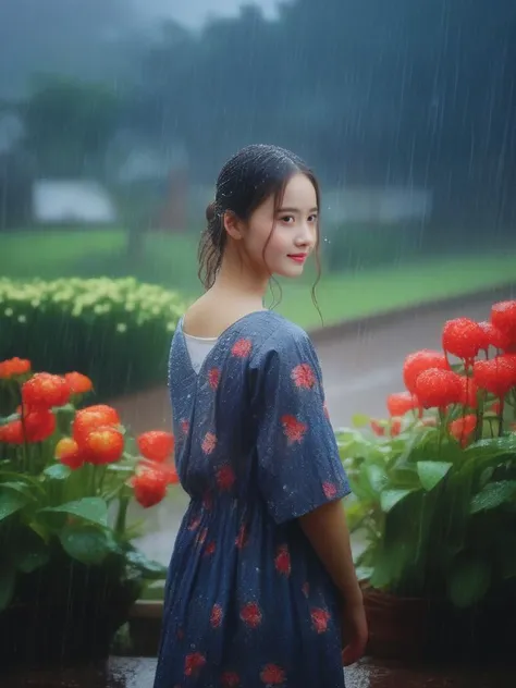 masterpiece, best quality,rain, in the rain, 1girl, flower, garden, looking at viewer, <lora:sl_lye:0.9>