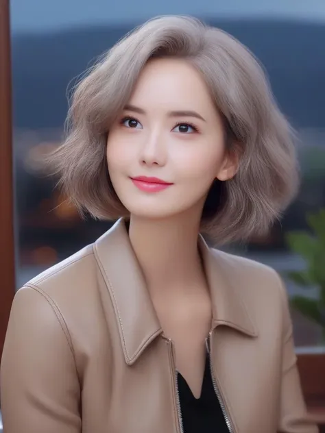 masterpiece, best quality, wall paper,(8k, best quality, masterpiece:1.2), (realistic, photo-realistic:1.37), ultra-detailed, soft light, 1 girl, cute, solo, beautiful detailed sky, detailed bedroom, open window, night, sitting, dating, (nose blush), (smile:1.15), (closed mouth) , beautiful detailed eyes, rain, (short hair:1.5),(leather jacket:0.8), floating hair NovaFrogStyle, claevage, relaxing pose, silver hair, squinted eye, thin eyebrow, mature face, full shot body, <lora:sl_lye:0.9>