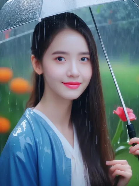 masterpiece, best quality,rain, in the rain, 1girl, flower, garden, looking at viewer, <lora:sl_lye:0.9>