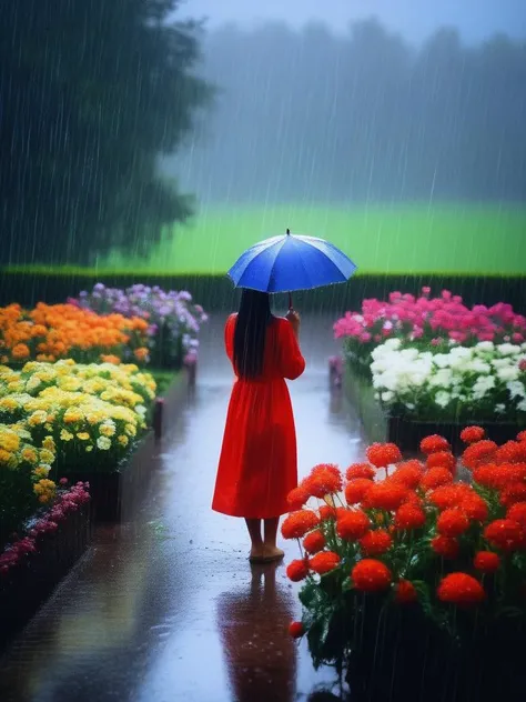 masterpiece, best quality,rain, in the rain, 1girl,  flower, garden, <lora:sl_lye:0.8>