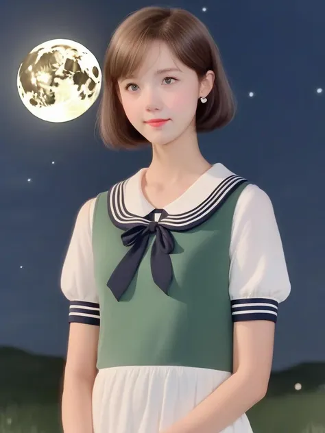 masterpiece, best quality, moon, sky, girl, short hair, light blush, green eyes, small breasts, Sailor dress, loose socks, mary_janes, <lora:sl_lye:1>