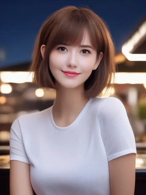 masterpiece, best quality, wall paper, (8k, best quality, masterpiece:1.2), (realistic, photo-realistic:1.37), ultra-detailed, 1 girl,cute, solo,beautiful detailed sky,detailed cafe,night,sitting,dating,(nose blush),(smile:1.15),(grin) small breasts,(fantasy breasts), cleavage, beautiful detailed eyes,(collared shirt:1.1), night, wet, rain, (short hair:1.2),floating hair NovaFrogStyle, cyber, future, fitness, white mini skirt, t-shirt<lora:sl_lye:0.9>