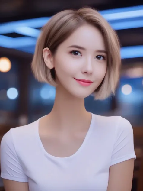 masterpiece, best quality, wall paper, (8k, best quality, masterpiece:1.2), (realistic, photo-realistic:1.37), ultra-detailed, 1 girl,cute, solo,beautiful detailed sky,detailed cafe,night,sitting,dating,(nose blush),(smile:1.15),(grin) small breasts,(fantasy breasts), cleavage, beautiful detailed eyes,(collared shirt:1.1), night, wet, rain, (short hair:1.2),floating hair NovaFrogStyle, cyber, future, fitness, white mini skirt, t-shirt<lora:sl_lye:0.9>