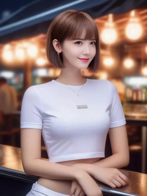 masterpiece, best quality, wall paper, (8k, best quality, masterpiece:1.2), (realistic, photo-realistic:1.37), ultra-detailed, 1 girl,cute, solo,beautiful detailed sky,detailed cafe,night,sitting,dating,(nose blush),(smile:1.15),(grin) small breasts,(fantasy breasts), cleavage, beautiful detailed eyes,(collared shirt:1.1), night, wet, rain, (short hair:1.2),floating hair NovaFrogStyle, cyber, future, fitness, white mini skirt, t-shirt<lora:sl_lye:0.9>