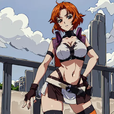 <lora:Cross_Ange:1>outdoor,Masterpeace,high quality,Cross_Ange, 1girl, solo, short hair, navel, cleavage, medium breasts, midriff, belt, black thighhighs, miniskirt, fingerless gloves, orange hair, zettai ryouiki, white crop top,Beige skirt,mole under eye
