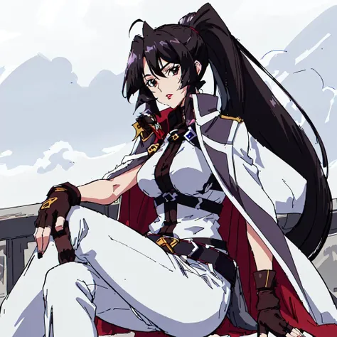 <lora:Cross_Ange:1>outdoor,Masterpeace,high quality,Cross_Ange, 1girl, solo, long hair, black hair, ponytail,brown gloves, belt, fingerless gloves, cape, black eyes, knee boots, high ponytail, white pants,mole under eye,makeup, lipstick, white coat, red lips