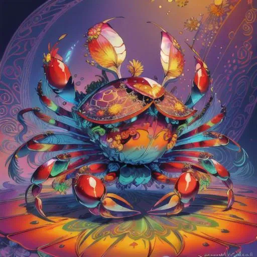 (masterpiece, top quality, best quality, official art, beautiful and aesthetic:1.2), (crab:1.5), extremely detailed,(fractal art:1.1),(colorful:1.1)(flowers:1.3),highest detailed, (abstract background:1.3), (shiny skin), (many colors:1.4), ,(feathers:1.5),<lora:animeTarotCardArtStyleLora_v31:0.8>, <lora:kHorrorCrab:1>