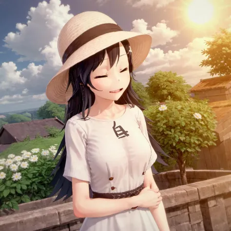 ((ruri gokou)), long hair, blush, black hair, 1girl, pants, mole, mole under eye, (Straw hat), Awning hat, (sundress), dress, (white dress), Outdoor, camp, Beautiful Mountain々, background, The set up tent, clear々A beautiful morning, Light shines in, In front of the tent, coffee, Have fun, landscape, nature, quiet, picnic, Relaxation, refreshing, early morning, Calm, scenery, relax, fresh, Morning, Sunrise, hiking, Adventure, blue sky, fresh air, Journey, Majestic, Lush