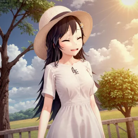 ((ruri gokou)), long hair, blush, black hair, 1girl, pants, mole, mole under eye, (Straw hat), Awning hat, (sundress), dress, (white dress), Outdoor, camp, Beautiful Mountain々, background, The set up tent, clear々A beautiful morning, Light shines in, In front of the tent, coffee, Have fun, landscape, nature, quiet, picnic, Relaxation, refreshing, early morning, Calm, scenery, relax, fresh, Morning, Sunrise, hiking, Adventure, blue sky, fresh air, Journey, Majestic, Lush