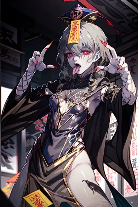 <lora:JiangshiT:0.95> JiangshiT, tongue out, colored skin, zombie pose, black sclera, ofuda, long fingernails, <lora:zs_Izanamip4:1> izanamidef, white robe, grey hair ,, ultra detailed, masterpiece, best quality, aesthetic, detailed,