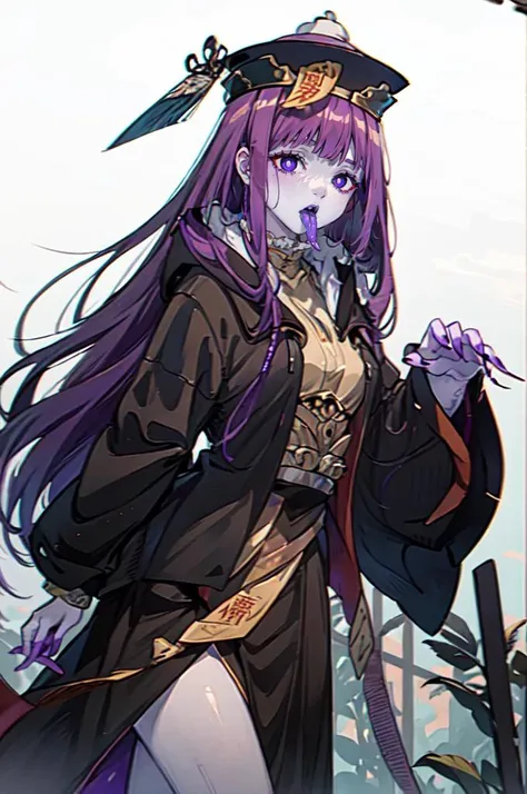 <lora:JiangshiT:0.95> JiangshiT, tongue out, colored skin, zombie pose, black sclera, ofuda, long fingernails,   <lora:Fern:1> FernFrieren, very long hair, purple eyes, (purple pupils),, ultra detailed, masterpiece, best quality, aesthetic, detailed,