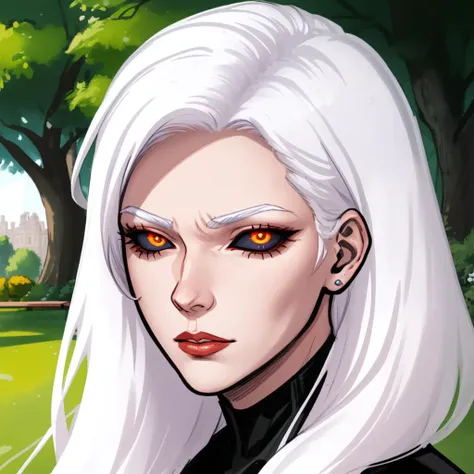 black_sclera, red iris, mature female, bench, sitting, park, white hair, portrait, Clay Mann:1 <lora:blackSclera-000010:1>