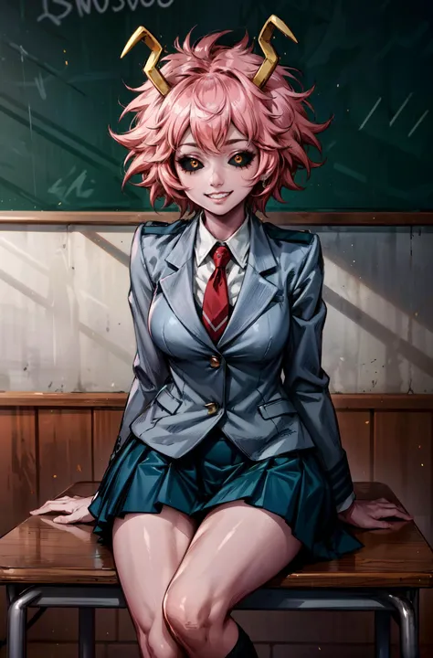 1girl, <lora:ashido_mina_v1:0.8> ashidomina, short hair, horns, (colored sclera:1.1), (black sclera:1.2), pink skin, school uniform, red necktie, collared shirt, blazer, grey jacket, long sleeves, pleated skirt, green skirt,sit,sit on school desk,sit pose,happy expression,smiling,grin widely,masterpiece,extremely detailed CG unity 8k wallpaper, best quality,32k,focus sharp, <lora:coloredSclera-000010:0.8>, <lora:add_detail:0.6>, <lora:Light and Shadow:0.6>