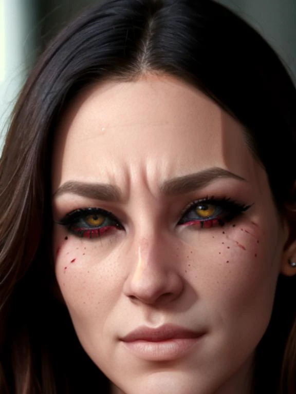 a RAW portrait photo of a woman with ((black sclera)) and (red iris), (highly detailed skin:1.3), masterpiece, highest quality, photographed on a Fujifilm GFX 100, 80mm F/1.7 prime lens, cinematic film still, cinestill 500T, highly detailed, intricately detailed, HDR, 8k, uhd, high quality, photorealistic, realistic <lora:coloredSclera-000010:0.75>