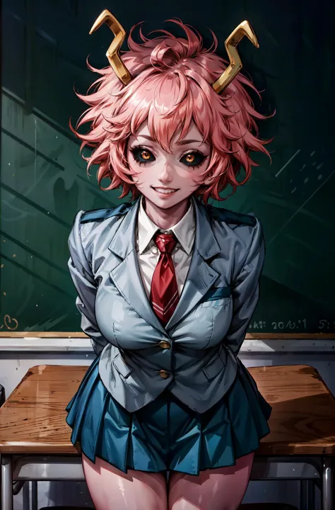 1girl, <lora:ashido_mina_v1:0.8> ashidomina, short hair, horns, (colored sclera:1.1), (black sclera:1.2), pink skin, school uniform, red necktie, collared shirt, blazer, grey jacket, long sleeves, pleated skirt, green skirt,standing,(leaning forward),from above,school,classroom,happy expression,smiling,grin widely,masterpiece,extremely detailed CG unity 8k wallpaper, best quality,32k,focus sharp, <lora:coloredSclera-000010:0.8>, <lora:add_detail:0.6>, <lora:Light and Shadow:0.6>