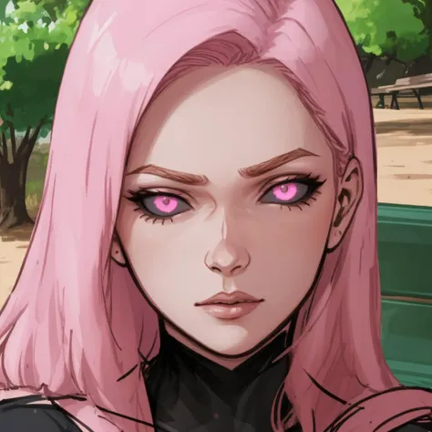 [black sclera:orange sclera:0.75], (light pink eyes), mature female, bench, sitting, park, portrait, Clay Mann:0.5 <lora:blackSclera-000010:1>