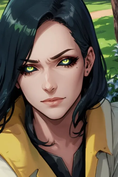 black sclera, green iris, mature female, bench, sitting, park, cowboy shot, black hair, Clay Mann:0.5 <lora:blackSclera-000010:1>