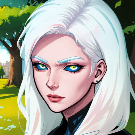 green sclera, blue iris, mature female, bench, sitting, park, white hair, portrait, Clay Mann:1 <lora:blackSclera-000010:1>