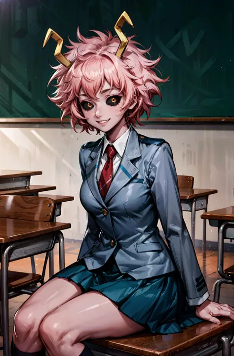 1girl, <lora:ashido_mina_v1:0.8> ashidomina, short hair, horns, (colored sclera:1.1), (black sclera:1.2), pink skin, school uniform, red necktie, collared shirt, blazer, grey jacket, long sleeves, pleated skirt, green skirt,sit,sit on school desk,sit pose,happy expression,smiling,grin widely,masterpiece,extremely detailed CG unity 8k wallpaper, best quality,32k,focus sharp, <lora:coloredSclera-000010:0.8>, <lora:add_detail:0.6>, <lora:Light and Shadow:0.6>