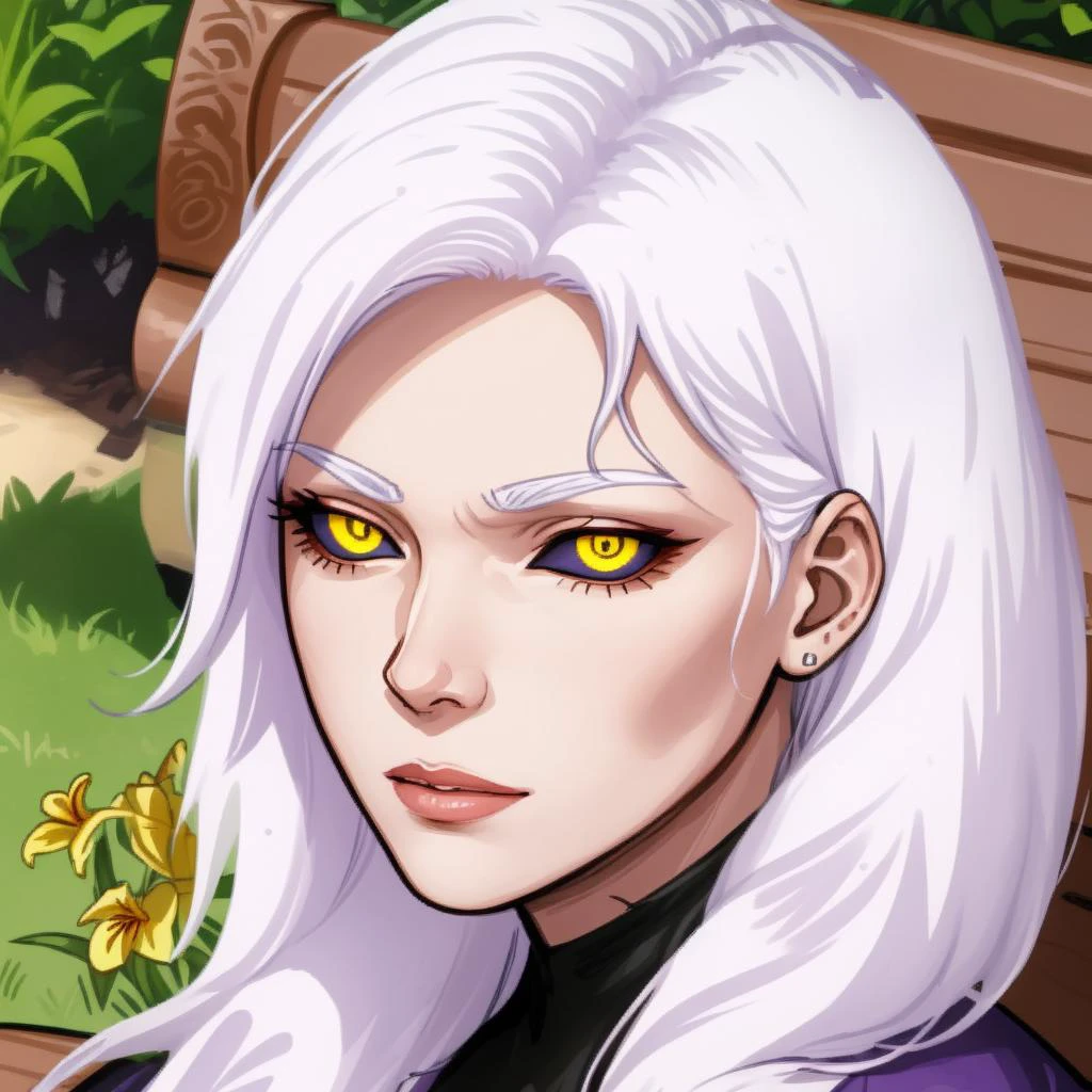 yellow sclera, purple iris, mature female, bench, sitting, park, white hair, portrait, Clay Mann:1 <lora:blackSclera-000010:1>