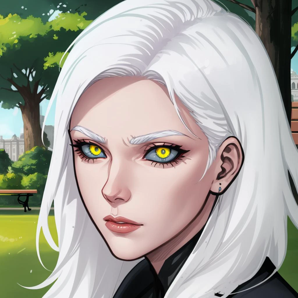 green sclera, gray iris, slit pupil, mature female, bench, sitting, park, white hair, portrait, Clay Mann:1 <lora:blackSclera-000010:0.8>