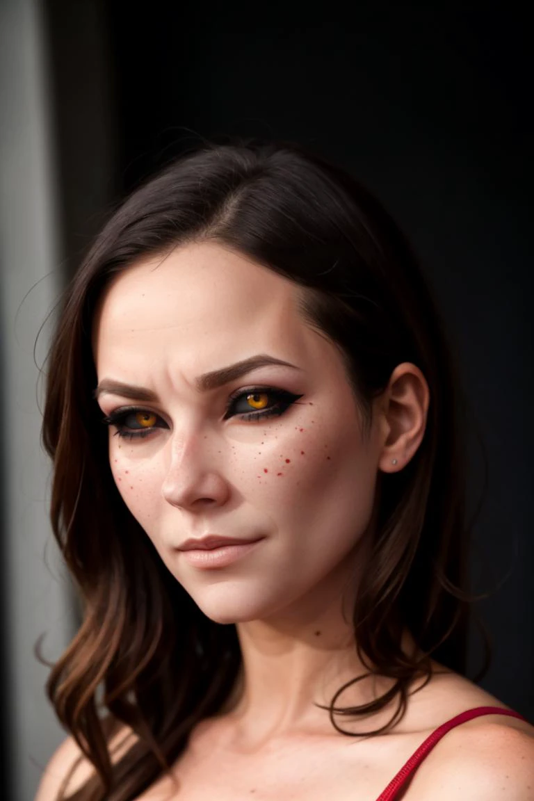 a RAW portrait photo of a woman with ((black sclera)) and (red iris), (highly detailed skin:1.3), masterpiece, highest quality, photographed on a Fujifilm GFX 100, 80mm F/1.7 prime lens, cinematic film still, cinestill 500T, highly detailed, intricately detailed, HDR, 8k, uhd, high quality, photorealistic, realistic <lora:coloredSclera-000010:1.2>