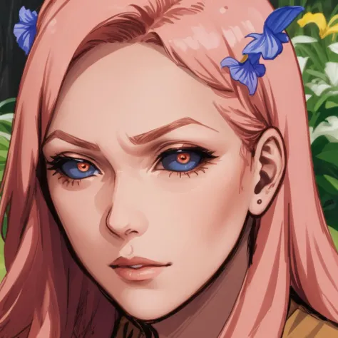 [black sclera:orange sclera:0.25], (light pink iris), (detailed iris), mature female, bench, sitting, park, portrait, Clay Mann:0.5 <lora:blackSclera-000010:1>